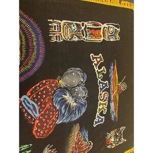 Vintage Alaska pillow cover. Wolf Bear Moose Walrus. Black Velvet 55 yrs old bea